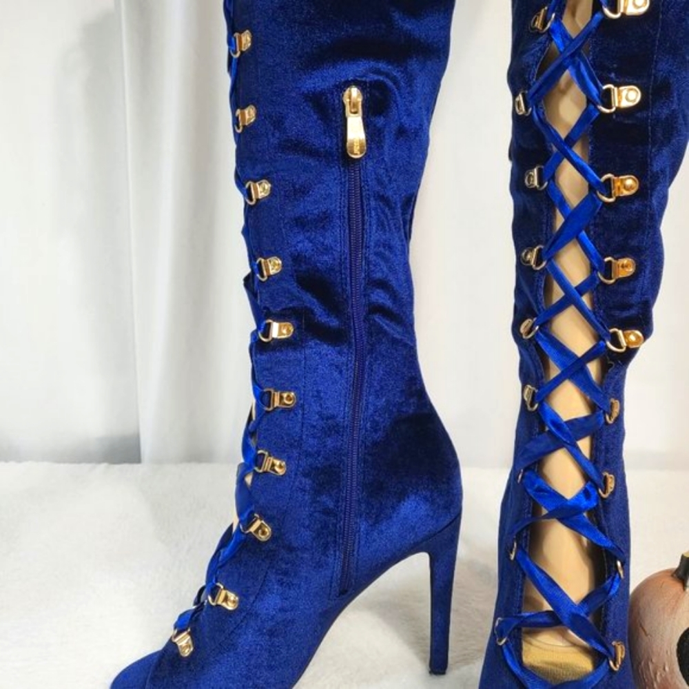 * Cape Robbin Navy Blue Satin Lace Up High Heel Thigh Boots - Picture 3 of 11